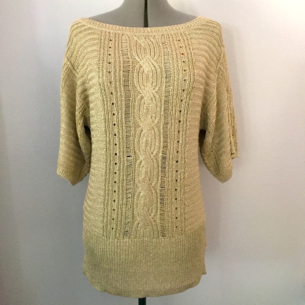 WHBM Gold Metallic Tunic Cable Knit Sweater